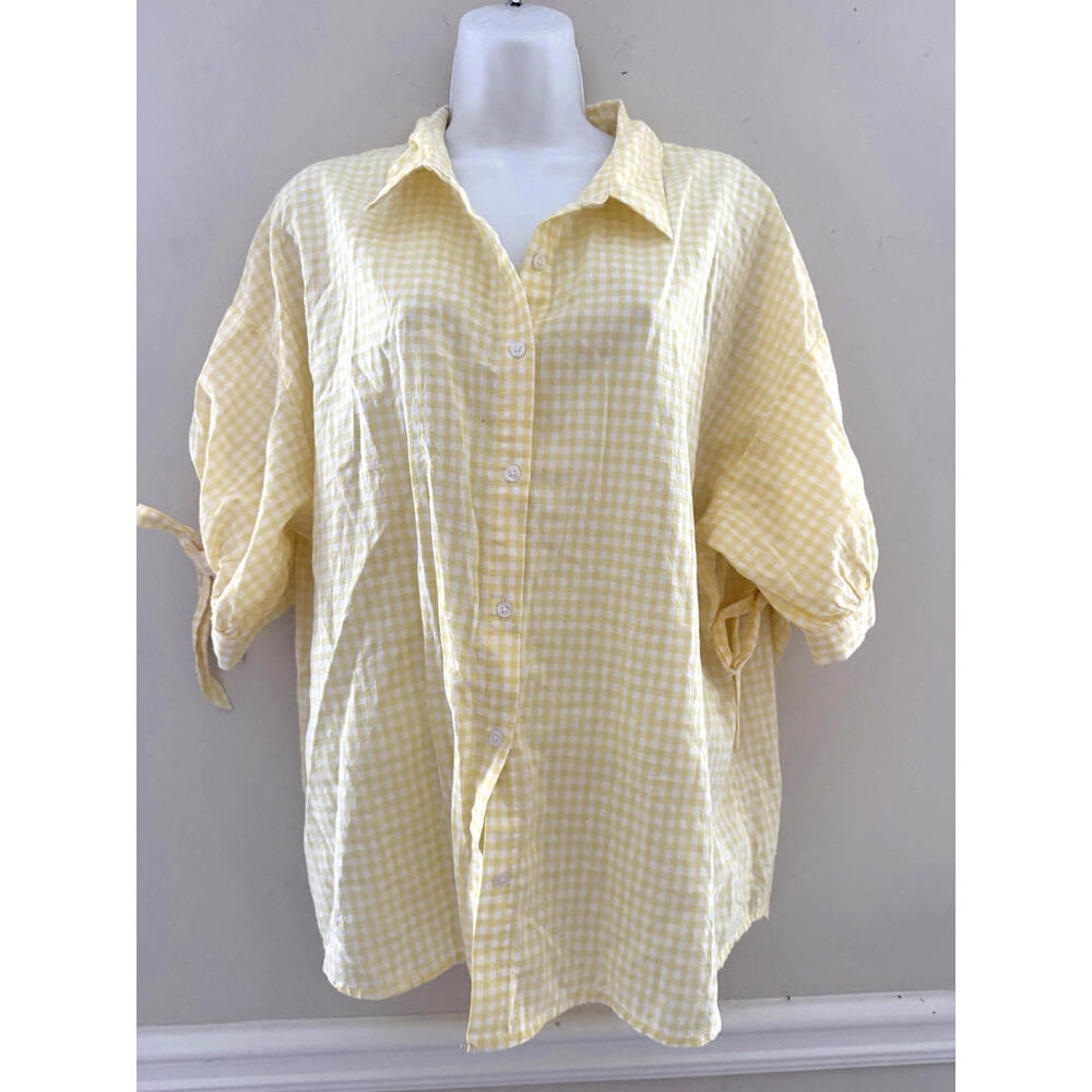 Gloria Vanderbilt Top Women’s Size XL Yellow Button Up Short Sleeve 100% Cotton